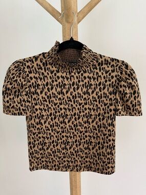 Zara Leopard Print Short Sleeve Mock Neck Top - Brown/Black